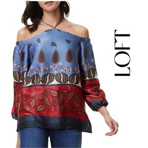 LOFT Off-Shoulder Paisley Color Block Blue and Red Blouse Sz XS Like New